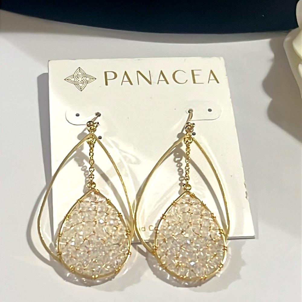 Panacea double oval drop earrings dangling with clear beaded sparkly Center new - Picture 2 of 5